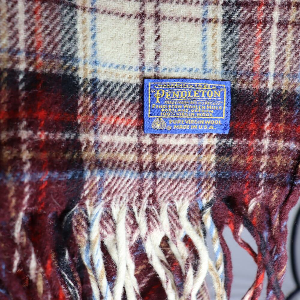 Pendleton Virgin Wool‎ Plaid Stadium Blanket Throw Maroon USA Made Fringe